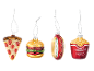 Fast food Christmas ornaments: pizza, burger, hot dog, and French fries.