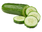 A whole cucumber and four cucumber slices on a black background.