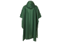 Green hooded rain poncho, back view.