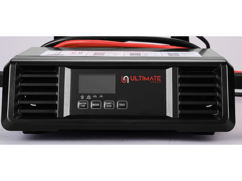Black battery charger with a digital display and battery type selection buttons.