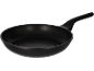 Black frying pan with a non-stick coating and a handle.