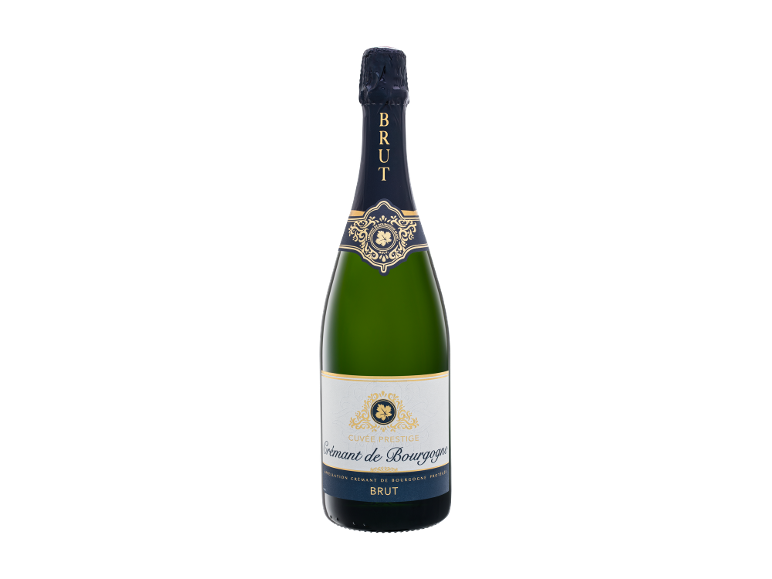Green sparkling wine bottle with blue and white labels, golden text 