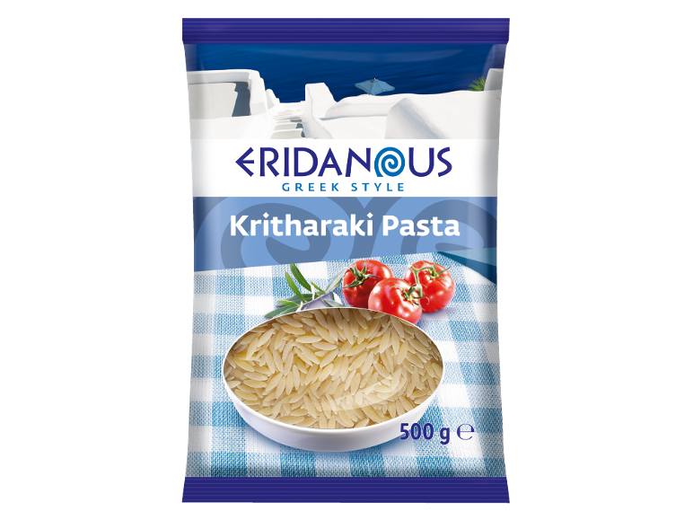 Greek style Kritharaki pasta package with a bowl of pasta, tomatoes, and a Greek scene.