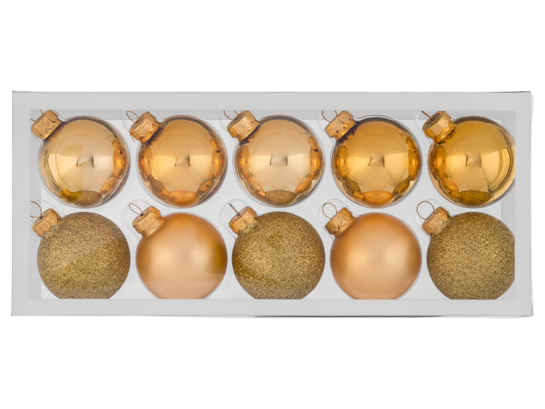 Ten golden Christmas baubles in a box, five shiny and five glittery.