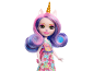 Unicorn doll with pink-purple hair and a colorful dress.