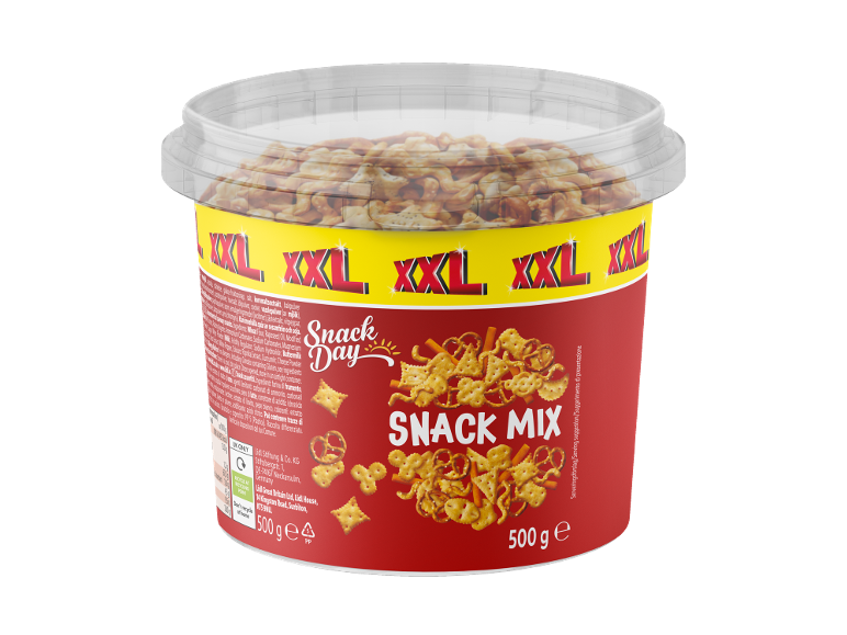 Large tub of snack mix, including pretzels, crackers, and sticks, with 'Snack Mix' text.