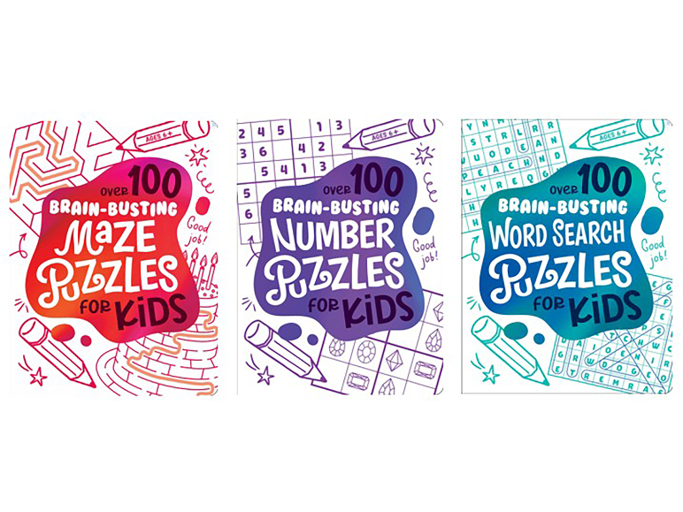 Three kids' puzzle books featuring mazes, numbers, and word searches.