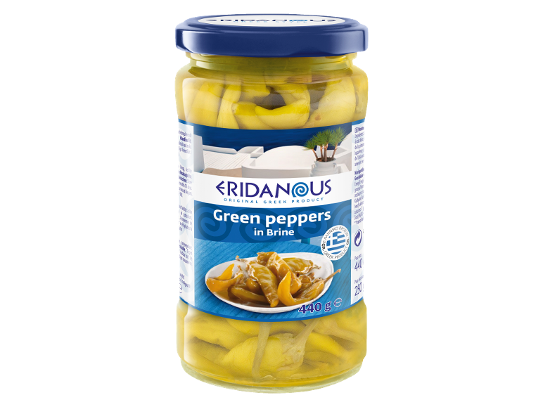 Jar of green peppers in brine, with a Greek theme.