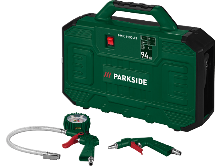 Portable air compressor with pressure gauge and two nozzles, PMK 1100 A1, 94 dB