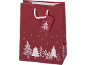 Red Christmas gift bag with white Christmas trees and golden stars.