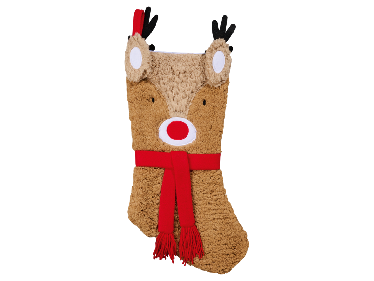 Brown reindeer Christmas stocking with a red nose and scarf.