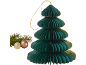 Green paper Christmas tree with ornaments and a pine branch.