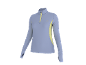 Women's long-sleeved sports top, light blue with yellow inserts and a zipper.