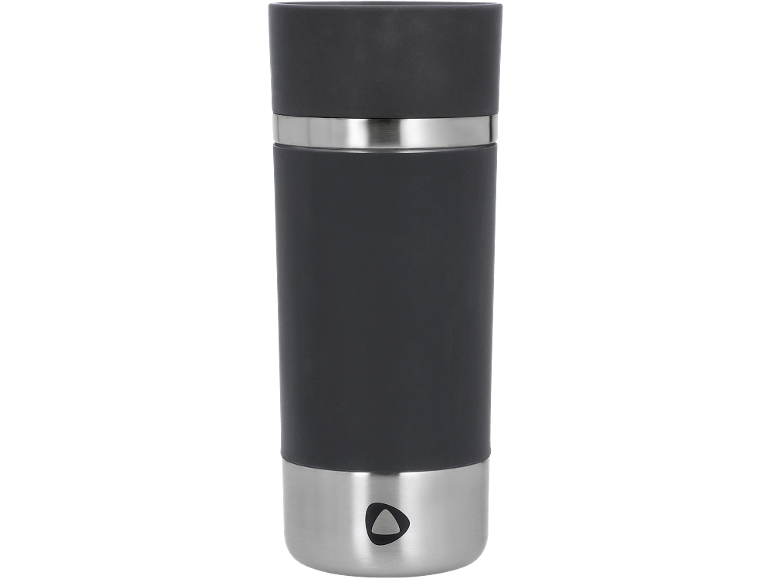 Dark grey and silver travel mug with a triangular button at the bottom.