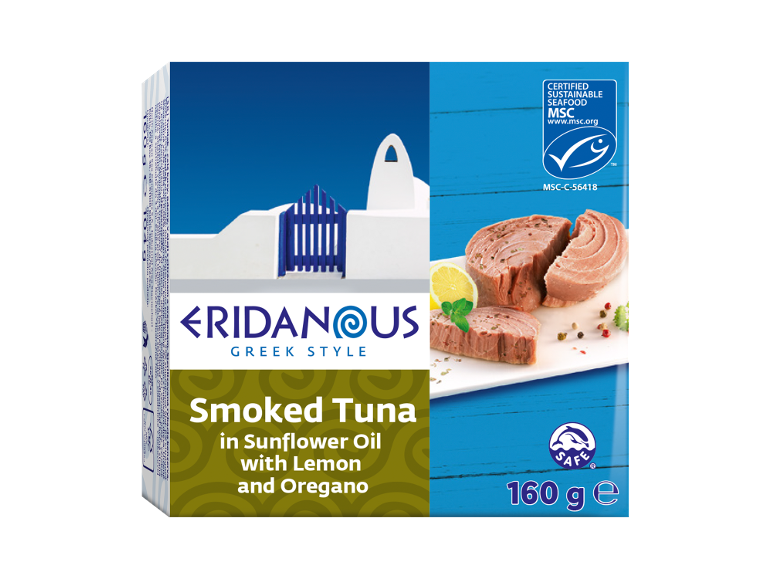 Greek style smoked tuna in sunflower oil with lemon and oregano, 160g.