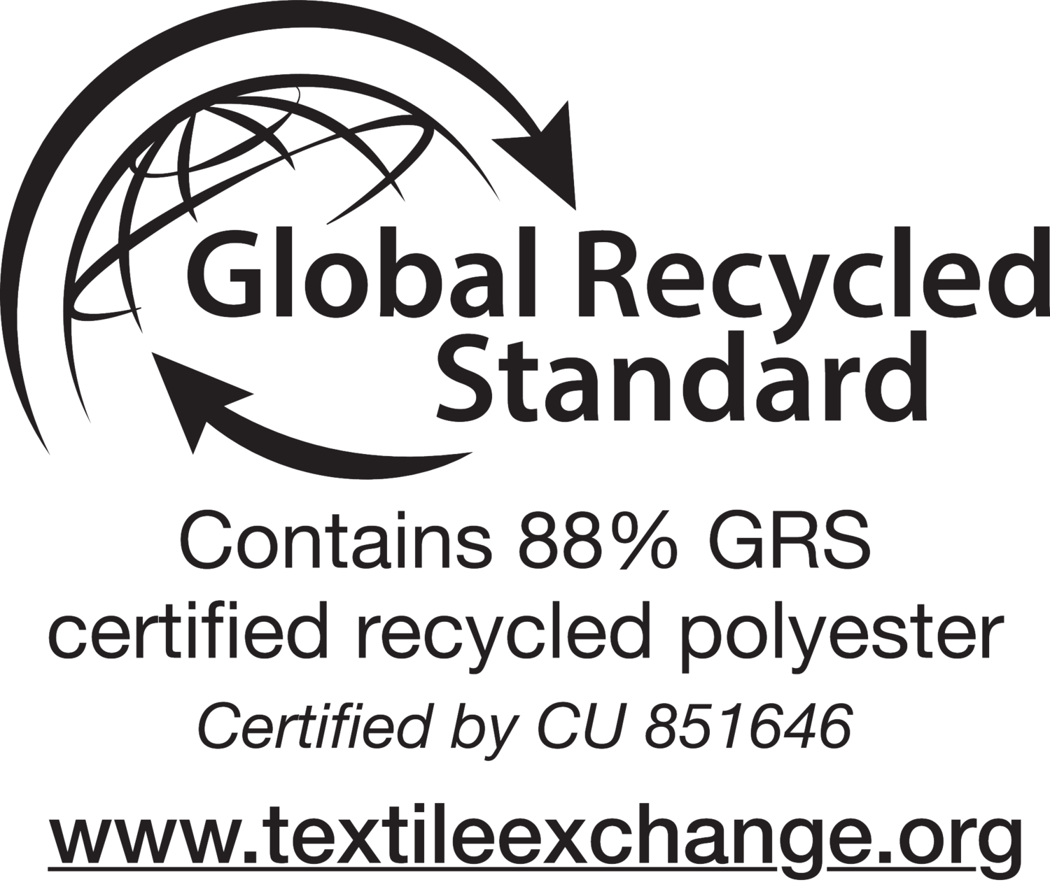 Seal: Global Recycled Standard, contains 88% GRS certified recycled polyester, certified by CU 851646.