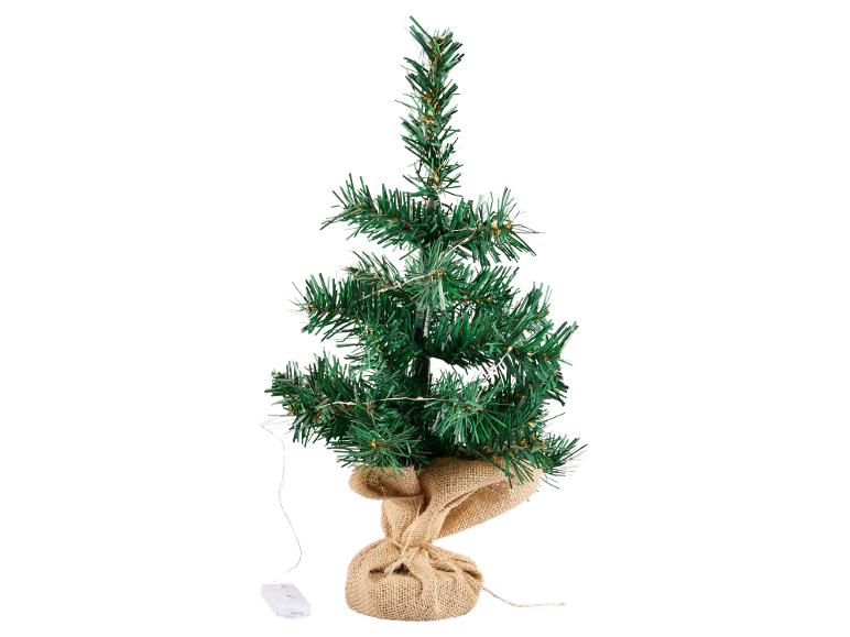 Green artificial Christmas tree with lights and a burlap sack base