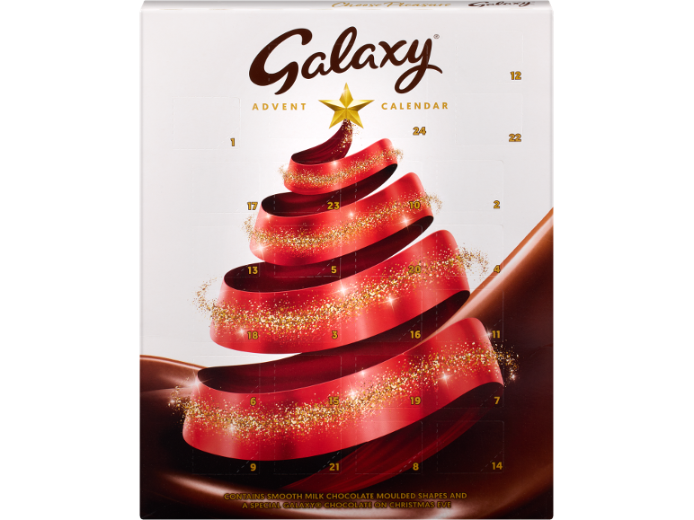 Chocolate advent calendar featuring a red Christmas tree design.
