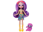 Doll with purple hair and floral headband in a floral dress, next to a sloth figure.