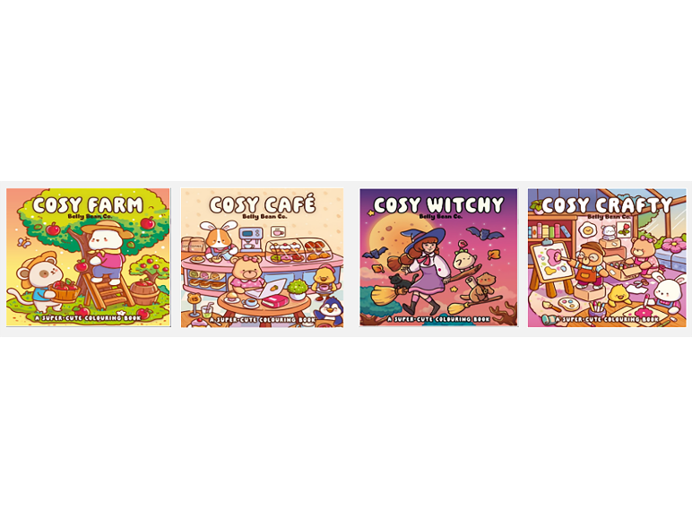 Four cute children's colouring books with farm, cafe, witchy and crafty themes.