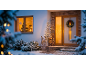 Snowy house exterior with Christmas decorations, including a lighted tree and wreath.