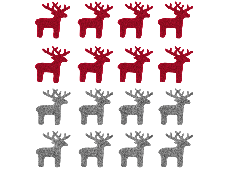 Red and grey felt reindeer decorations arranged in a grid pattern on a black background.