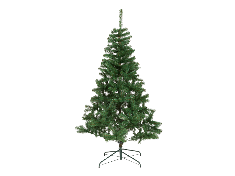 Green artificial Christmas tree with a metal stand, on a black background.