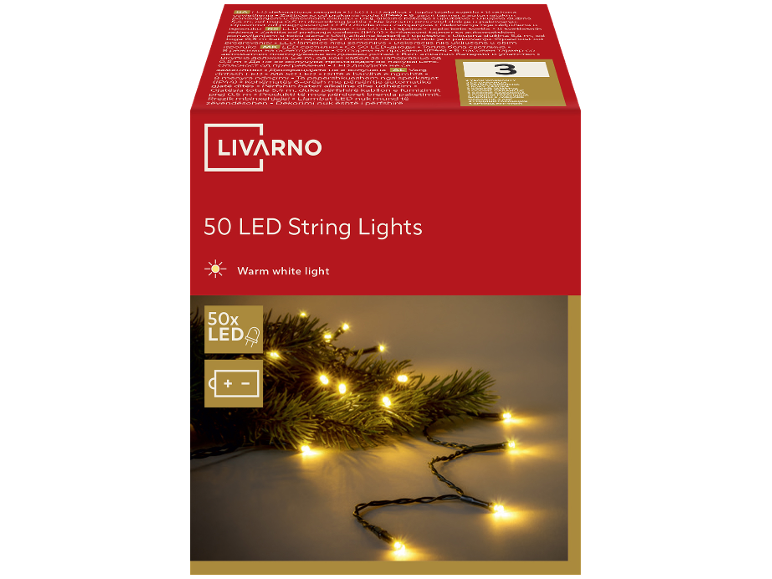 Livarno 50 LED string lights with warm white light and battery operation.