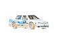 White toy race car with blue flames and the number 4.