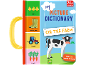 Children's picture dictionary 'On the Farm' with chicks, wellingtons, tractor, and carrots.