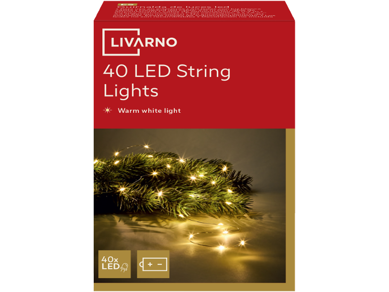 Livarno 40 LED String Lights, warm white light, battery operated.