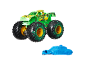 Green monster truck with yellow accents and a blue toy car.