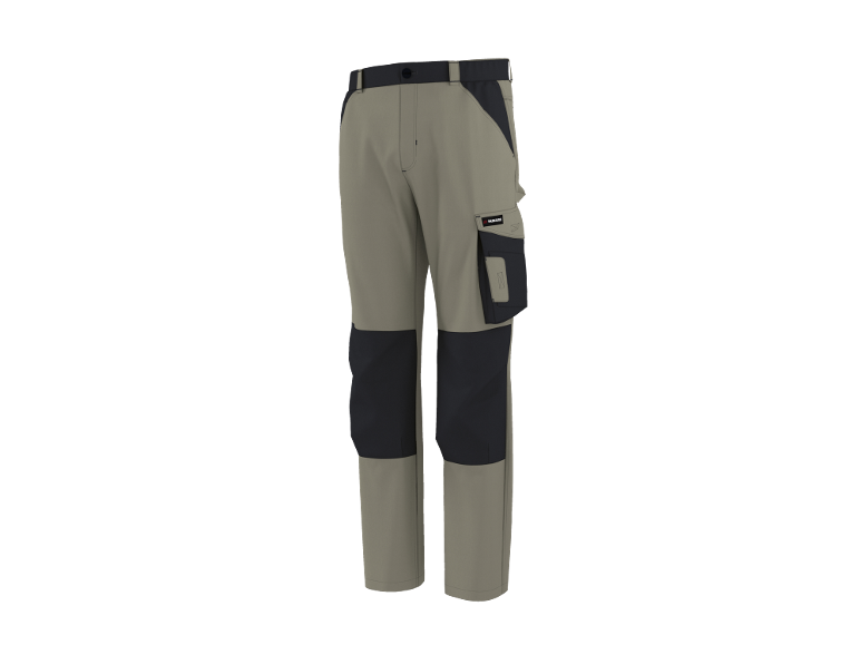 Men's khaki work trousers with black inserts and pockets.