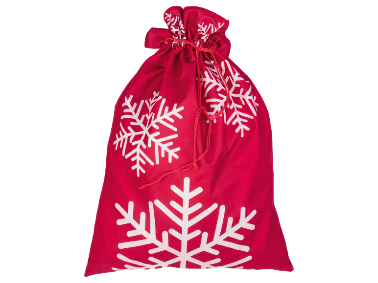 Red drawstring gift bag with white snowflakes, ideal for Christmas.