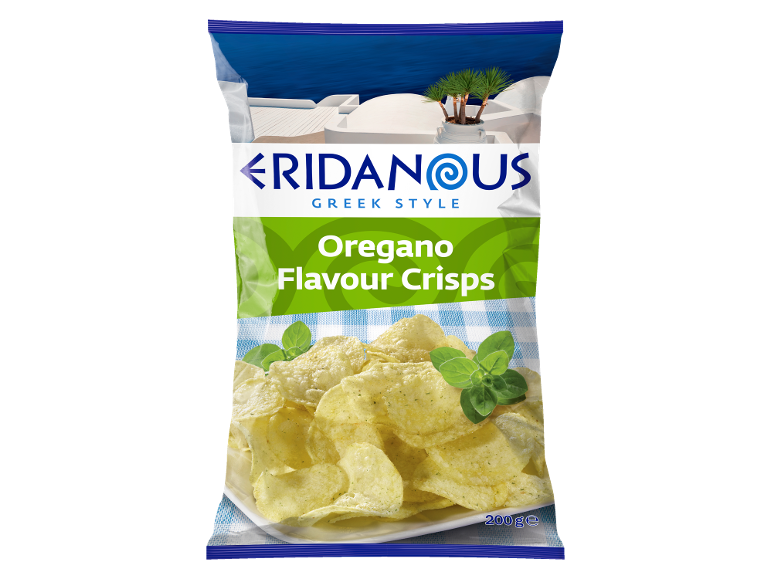 Oregano flavour crisps in a packet with a Greek landscape background, 200g.