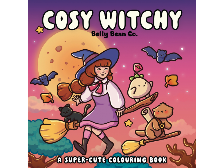 Cover of a coloring book featuring a cute witch on a broomstick in a magical world.