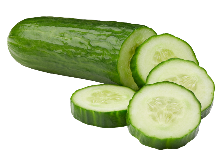 A whole cucumber and four cucumber slices on a black background.