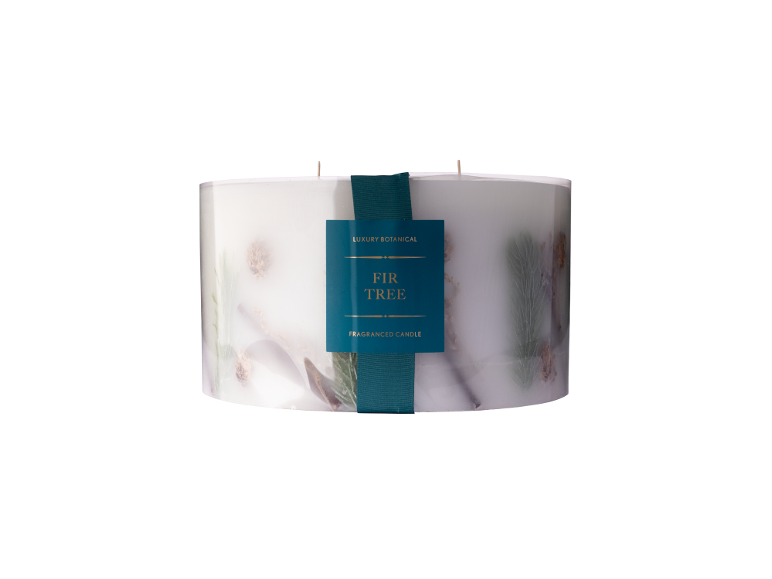 White fir tree fragranced candle with a dark green ribbon