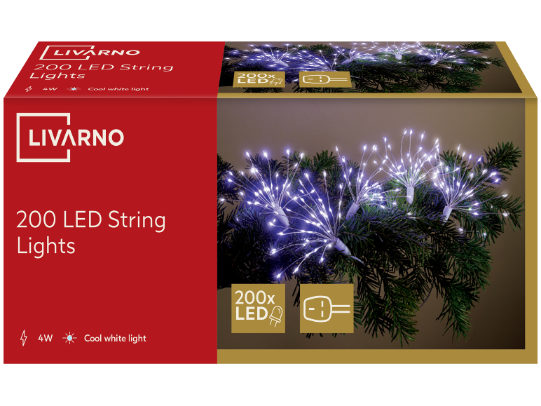 Livarno 200 LED String Lights, cool white, 4W, on a fir branch.