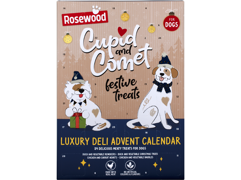 Advent calendar for dogs with treats, decorated with festive motifs and dogs.