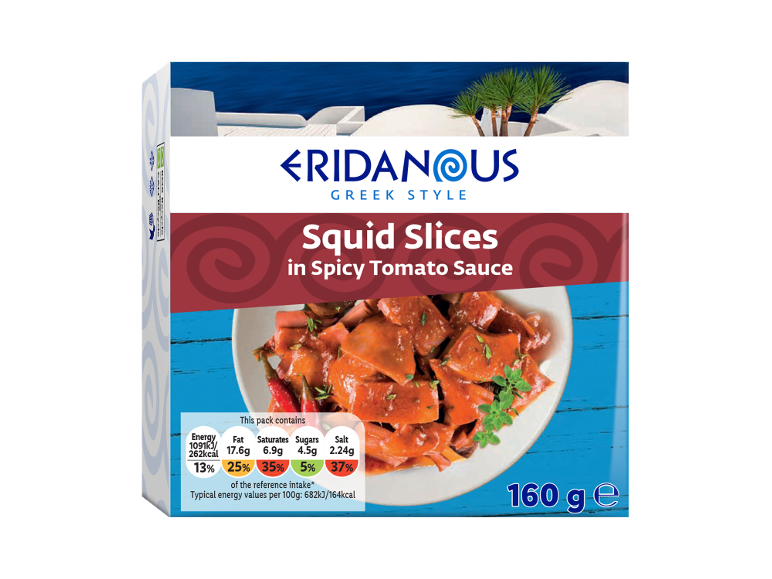 Squid slices in spicy tomato sauce, with nutritional information and a Greek-style background.
