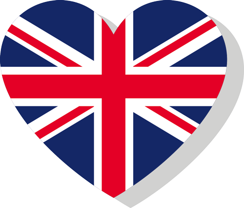 A heart-shaped badge with the flag of Great Britain.