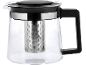 Glass teapot with a black lid and handle, and a metal infuser.