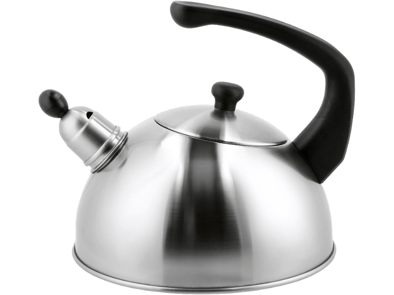 Metal tea kettle with a black handle on a black background.