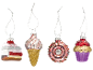 Four Christmas ornaments shaped like sweets: cake, ice cream cone, donut, and cupcake.