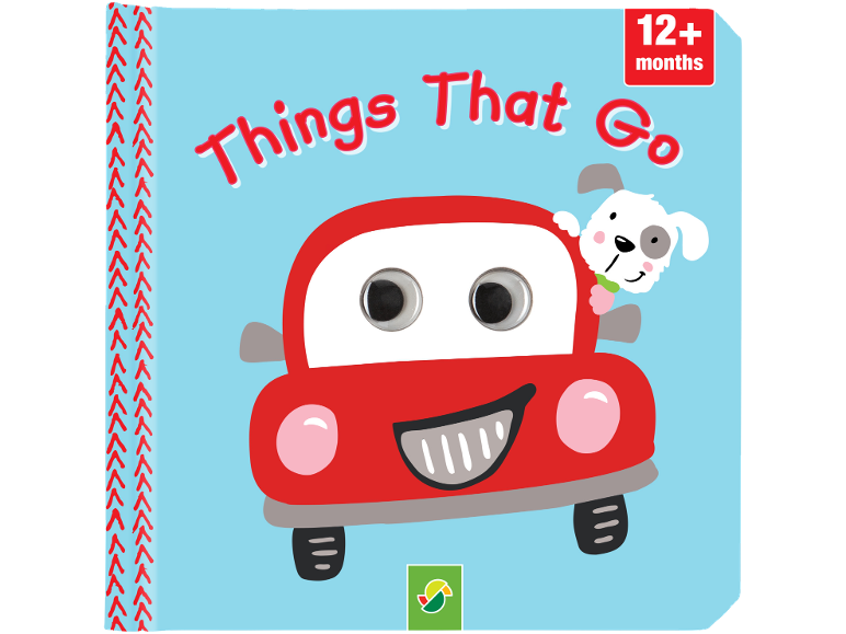 Baby book 'Things That Go' with a red car and a puppy, 12+ months.
