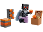 A black pixelated figure with a purple pickaxe, a treasure chest, and gold coins.