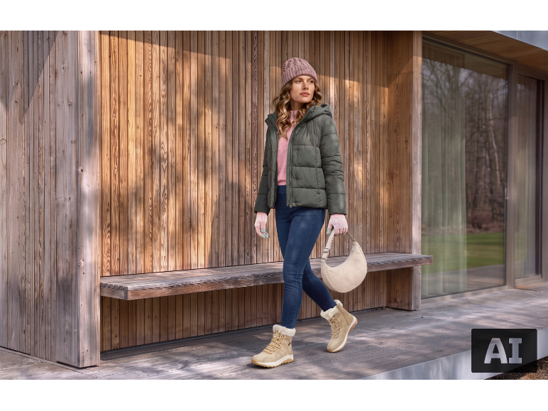 Woman in a quilted jacket, beanie, gloves, and winter boots, with a handbag, walking by a wooden building.