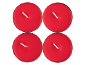Four red tea light candles with white wicks on a black background.