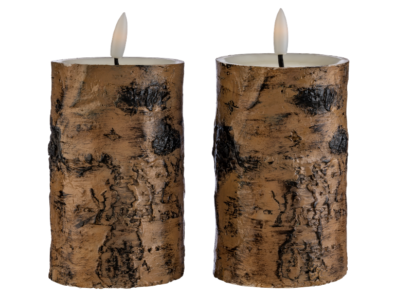 Two decorative LED candles with birch bark design